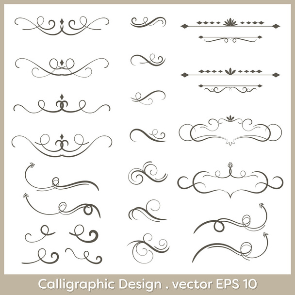 Set of hand drawn calligraphic and decorative design elements, deashes and dividers. - Vector, Image