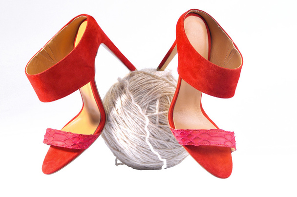 Red heels sandals on white background - Zdjęcie, obraz