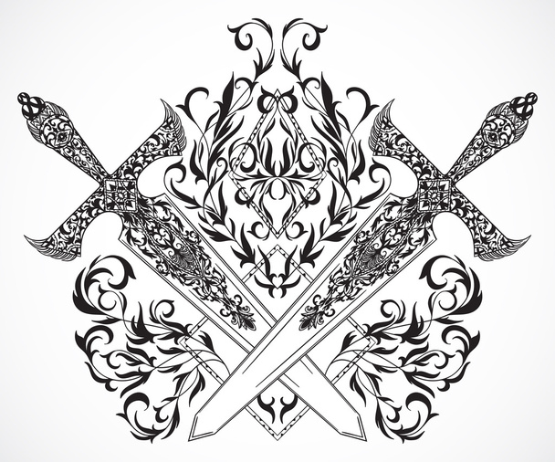 Crossed medieval swords with ornament. Tattoo art. Vintage hand drawn vector illustration - Vector, Image