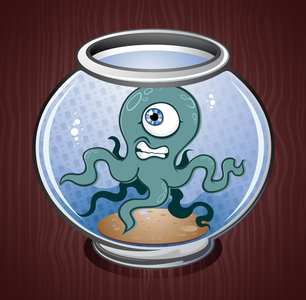 Squid Octopus In A Fish Bowl Cartoon Character - Vector, Image