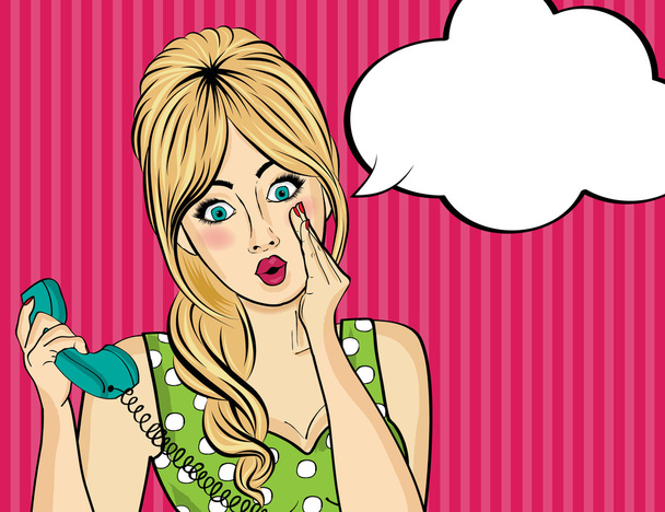 Surprised  pop art woman with retro phone, who tells her secrets - Vector, Image