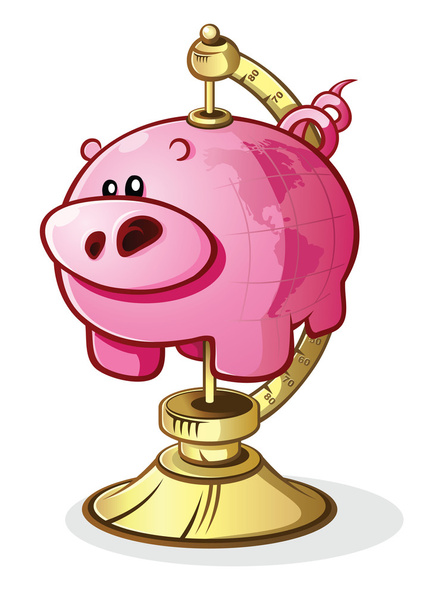 Piggy bank globe op een stripfiguur stand - Vector, afbeelding
