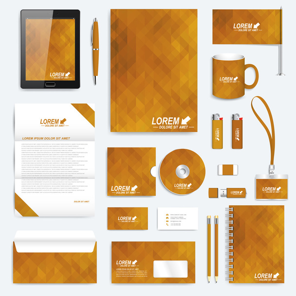 Golden set of vector corporate identity template. Modern business stationery mock-up polygonal backdrop. Background with gold triangles. Branding design. - Vector, Image
