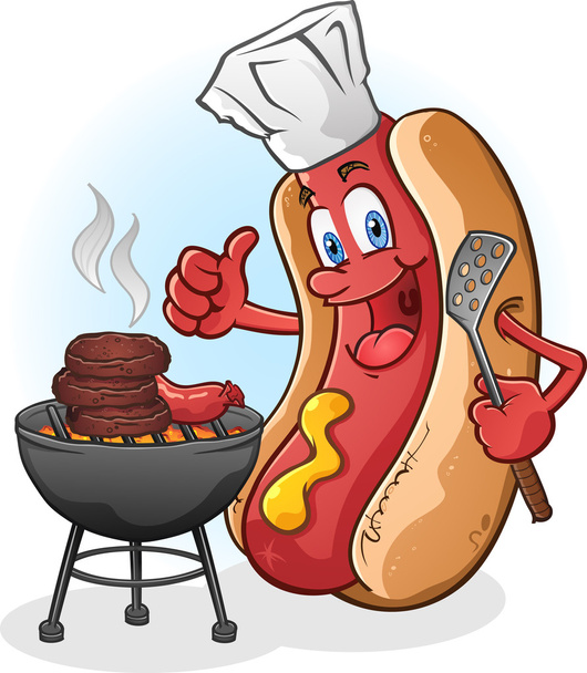 Hot Dog Cartoon Grilling On A Barbecue - Vector, Image