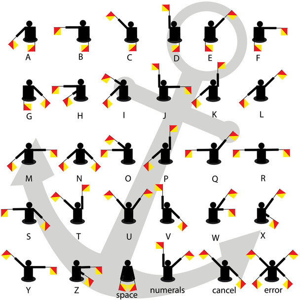 Semafoor vlag signalen alfabet witte achtergrond met anker vector. - Vector, afbeelding
