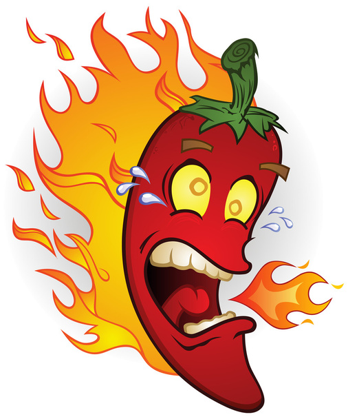 Liekehtivä kuuma chili pippuri sarjakuvahahmo
 - Vektori, kuva