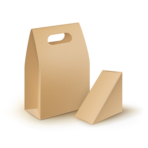 Készlet-ból barna karton vegye el kezelni ebéd csomagolás a szendvics, ajándék mintája fel közelről elkülönített fehér háttér - Vektor, kép