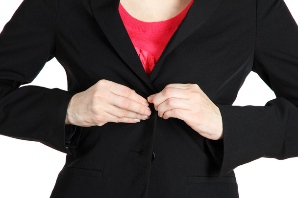 Women fastening black classic jacket - Foto, Bild