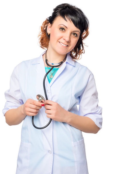 Lekarka w medyczne fartuch z stetoskop na b biały - Zdjęcie, obraz