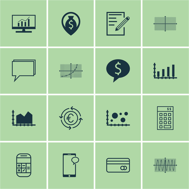 Set Of 16 Universal Editable Icons. Can Be Used For Web, Mobile And App Design. Includes Icons Such As Line Grid, Business Deal, Calculation And More. - Vector, Image