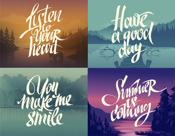Hand-drawn lettering on nature backgrounds - Vector, Image