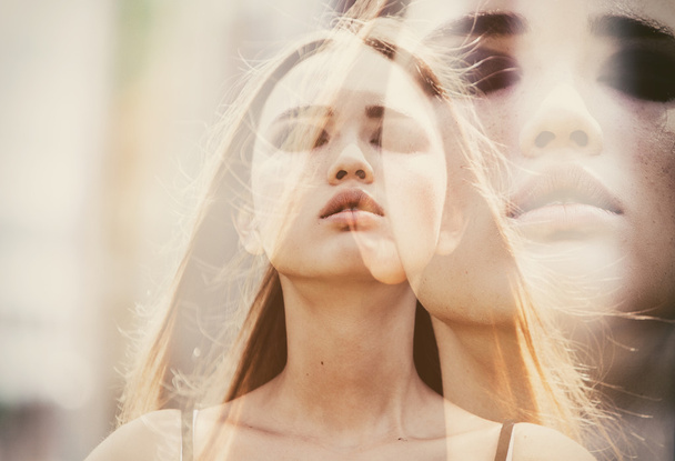 Double exposure of pretty girl portrait with eyes closed - Photo, image