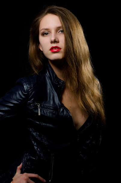 beautiful girl in leather jacket - Фото, изображение
