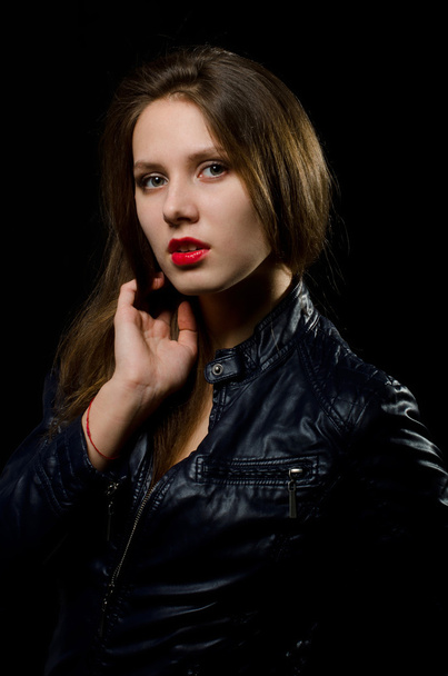 beautiful girl in leather jacket - Photo, image