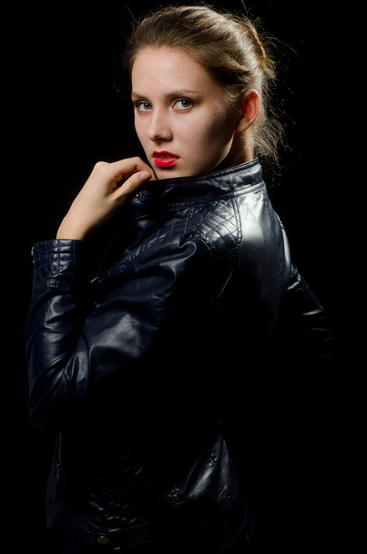 beautiful girl in leather jacket - Photo, image