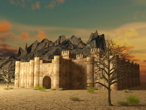 3d renderizar fortaleza medieval edificio exterior se encuentra en el suelo agrietado
 - Foto, imagen