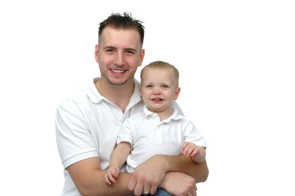 Apa és fia viselt fehér, és mosolyogva - Fotó, kép