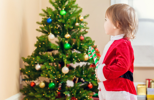  toddler girl looking at the Christmas tree - Fotoğraf, Görsel