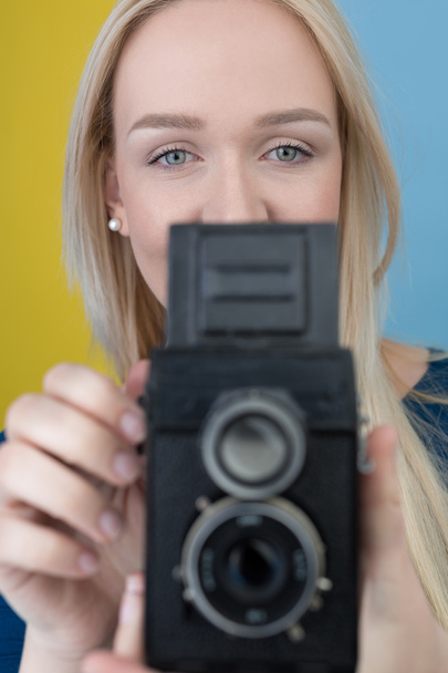 Young girl with vintage camera - Фото, изображение