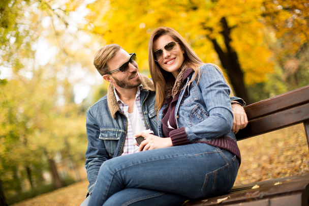 Young couple in the autumn park - Фото, изображение