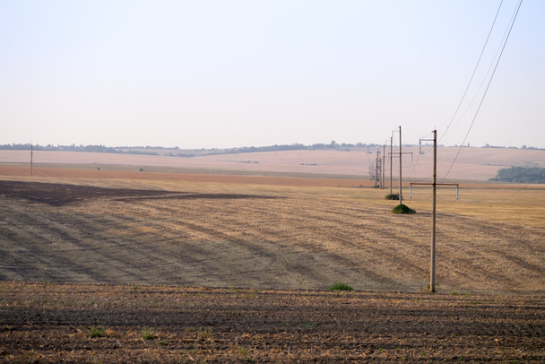 Fa のたそがれで収穫後フィールドで高い送電線 - 写真・画像