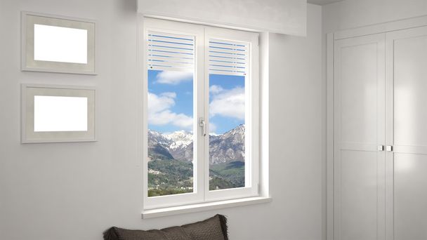 Intérieur blanc avec fenêtre avec paysage de montagne en arrière-plan
 - Photo, image