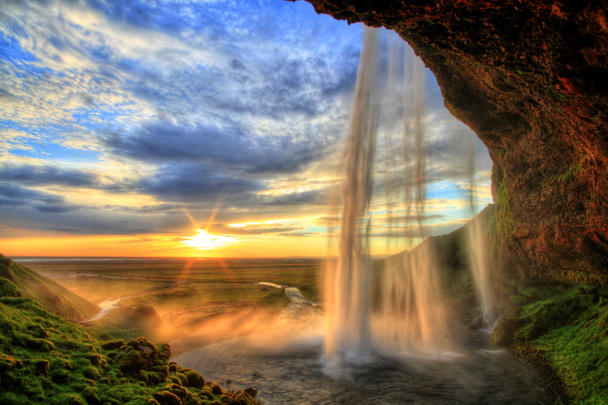 seljalandfoss vodopád při západu slunce v hdr, Island - Fotografie, Obrázek