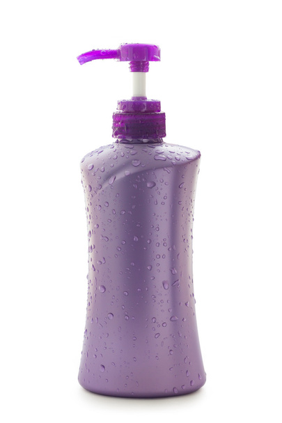 purple plastic bottles for bathroom on white background - Фото, изображение