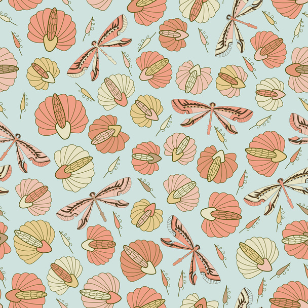 Seamless vintage pattern with flowers and dragonflies - Vector, imagen