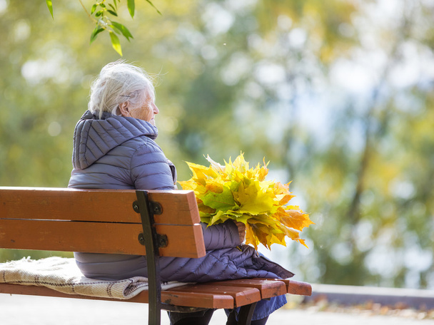 Femme âgée assise sur un banc dans le parc et tenant un tas de feuilles d'automne - Photo, image