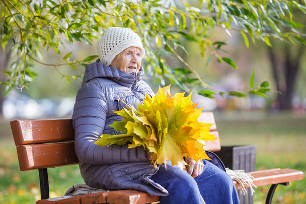 Ανώτερη γυναίκα κάθεται σε παγκάκι στο πάρκο και κρατά ένα μάτσο φύλλα του φθινοπώρου - Φωτογραφία, εικόνα