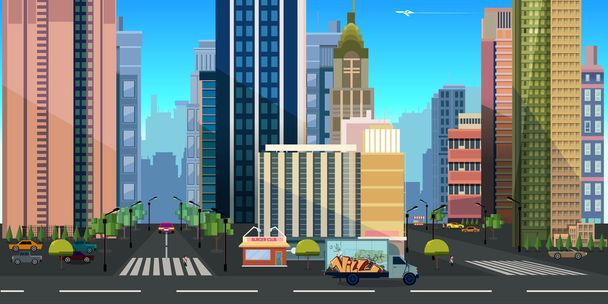 Senza soluzione di continuità paesaggio della città dei cartoni animati, vettore sfondo infinito con strada, edifici e cielo strati
. - Vettoriali, immagini