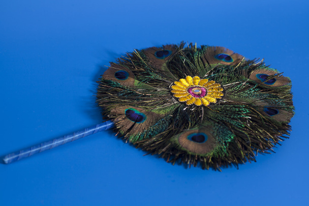Round fan made of peacock feathers on blue background - Photo, Image
