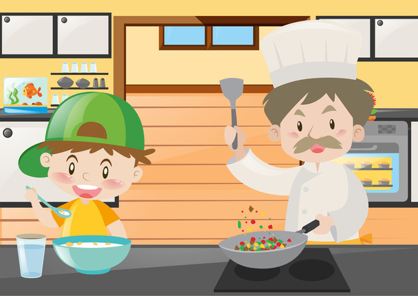 Šéfkuchař a boy vaření v kuchyni - Vektor, obrázek