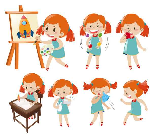Διαφόρων δράσεων του μικρό κορίτσι σε μπλε χρώμα - Διάνυσμα, εικόνα