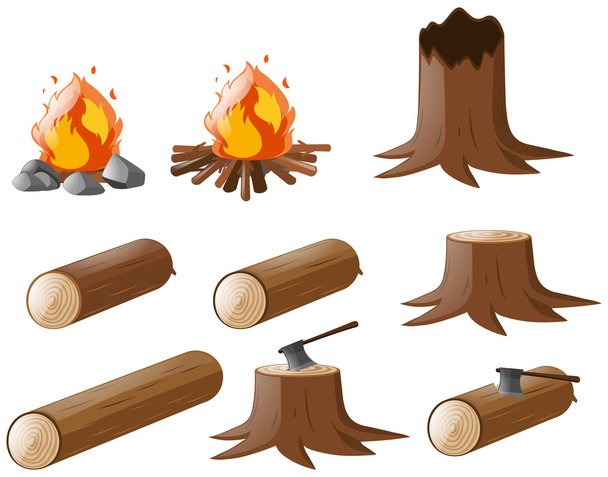 Set of firewoods and campfire - Vector, Image