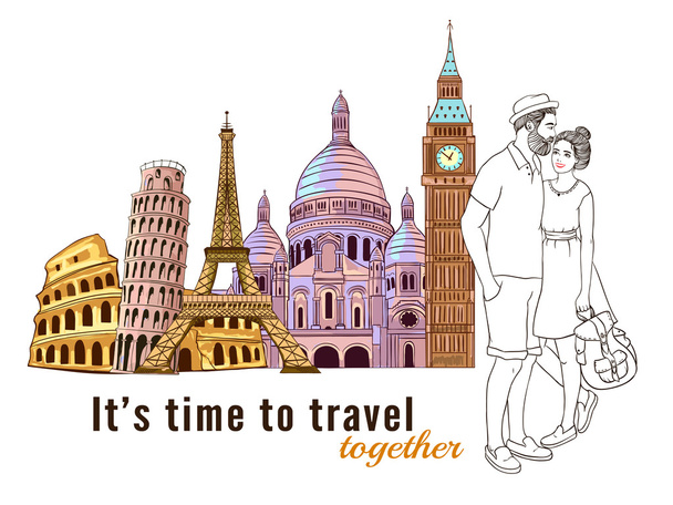 Europe Travel Couple Composition - Vector, Imagen