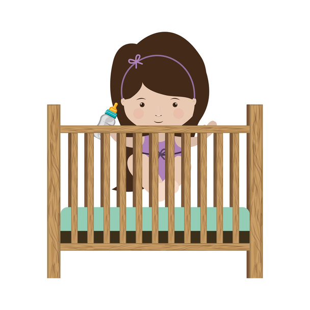 Mädchen steht mit Babyflasche im Kinderbett - Vektor, Bild