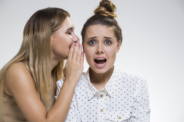 Two girls gossiping, one is terrified - Φωτογραφία, εικόνα