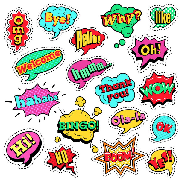 Emblemas de moda, remendos, adesivos em Pop Art Comic Speech Bubbles Set com meio-tom pontilhado Formas legais com expressões Wow, Bingo, Gosto. Vector Retro fundo
 - Vetor, Imagem