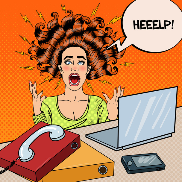 Pop Art επιθετική εξαγριωμένος ουρλιάζοντας γυναίκα με φορητό υπολογιστή στο γραφείο εργασίας. Εικονογράφηση διάνυσμα - Διάνυσμα, εικόνα