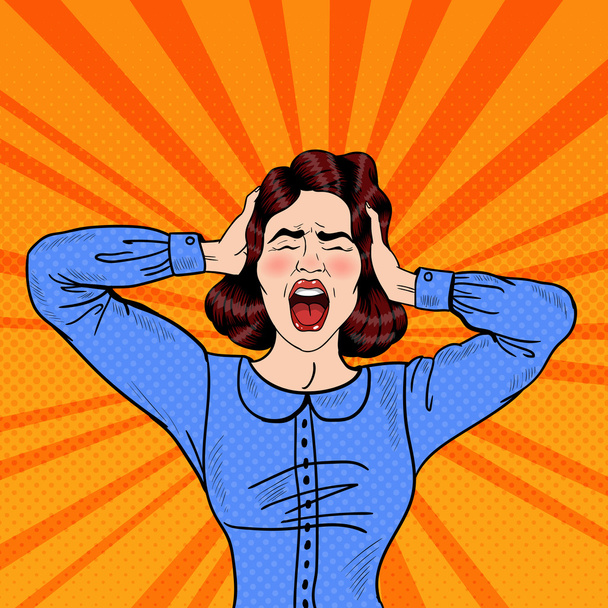 Pop-Art zlobí frustrovaný žena křičí a drží hlavu. Vektorové ilustrace - Vektor, obrázek