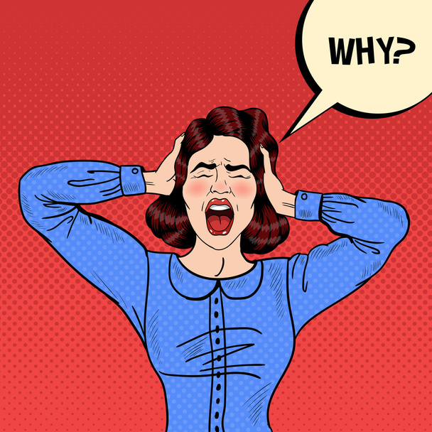 Pop Art Angry Frustrated Woman Screaming and Holding Head with Comic Speech Bubble Pourquoi. Illustration vectorielle
 - Vecteur, image