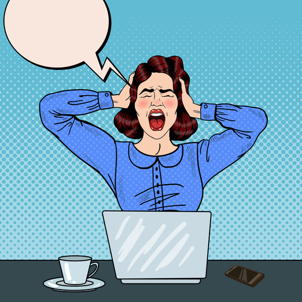 Pop Art zły sfrustrowana kobieta krzyczy w pracy biurowej. Ilustracja wektorowa - Wektor, obraz