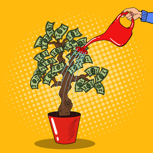 Pop Art Woman Hand with Can Watering Money Tree. Vector illustration - Vector, Image
