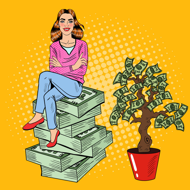 Pop Art Young Rich nainen istuu pino rahaa lähellä Money Tree. Vektoriesimerkki
 - Vektori, kuva