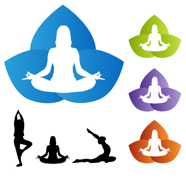 Postura de Yoga con Iconos de Flor de Loto
 - Vector, Imagen