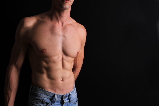 Strong Athletic Man muscular body, torso, hair removal, and six pack abs close up, copy space - Foto, afbeelding