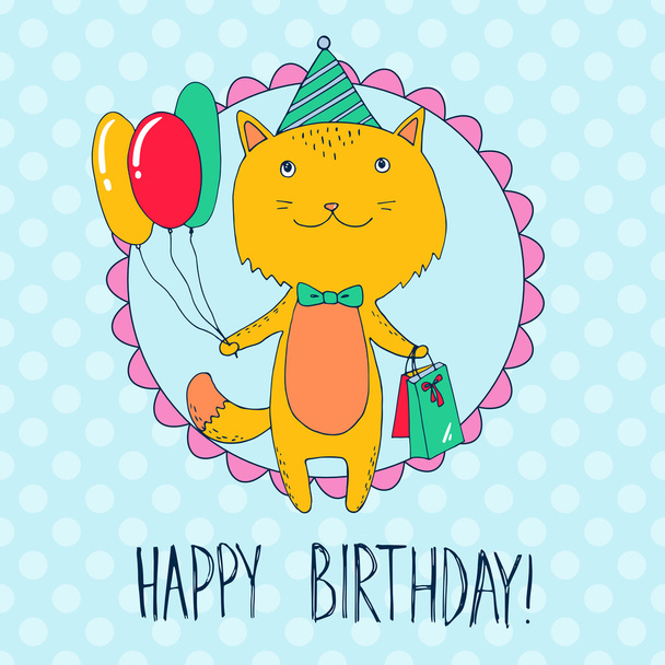 Birthday card with cat with presents and balloons - Vector, imagen