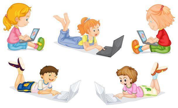 çocuklar dizüstü bilgisayar ile - Vektör, Görsel